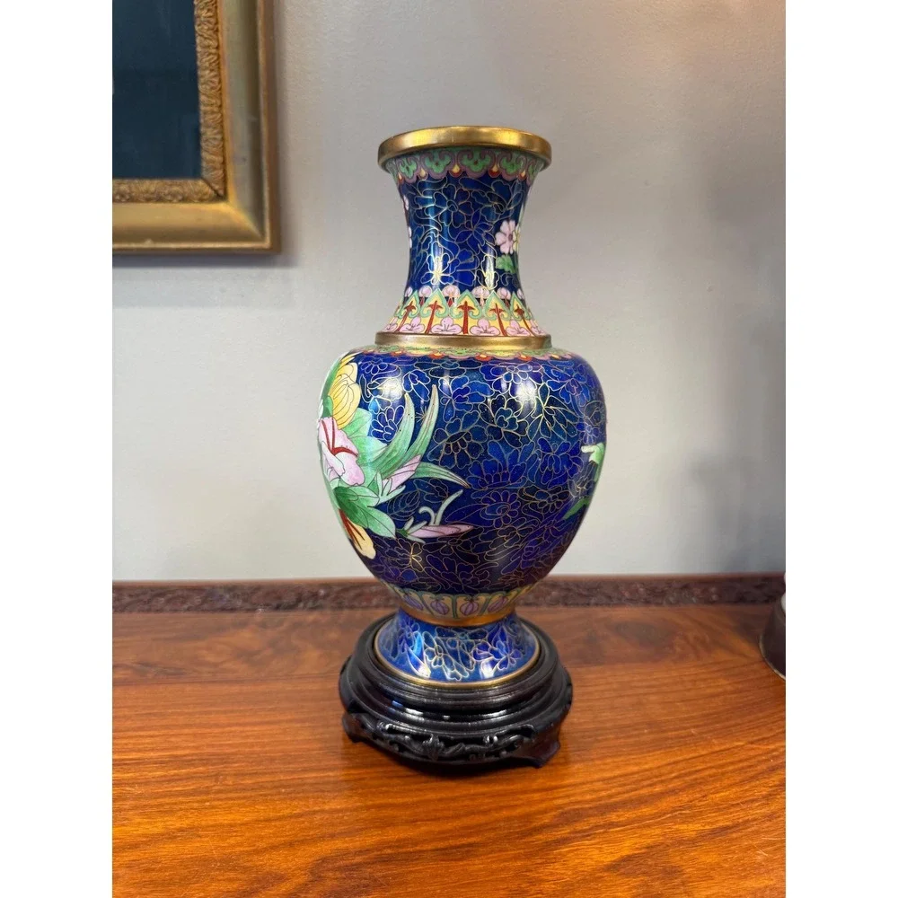 Vintage Cloisonné Vase with Carved Wood Stand